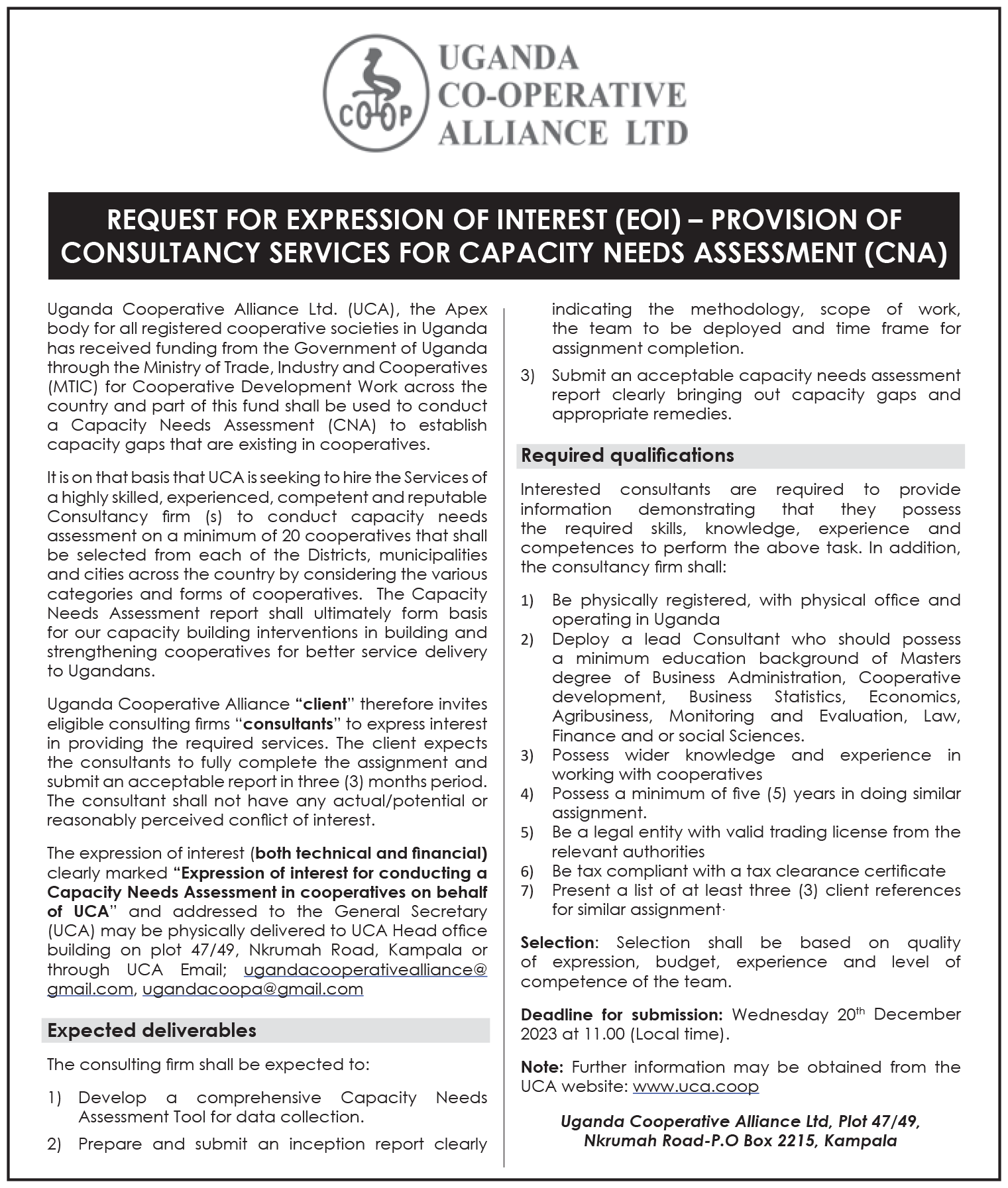 PROVISION OF CONSULTANCY SERVICES FOR CAPACITY NEEDS ASSESSMENT (CNA)